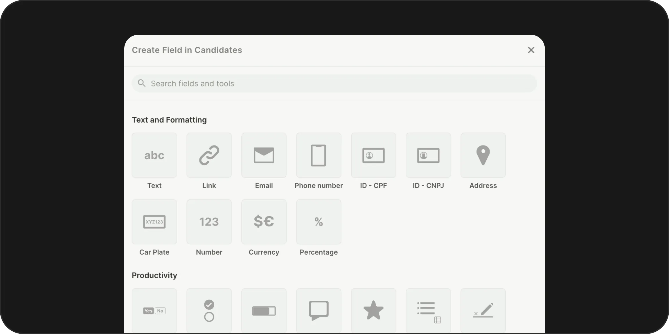 50+ field types available
