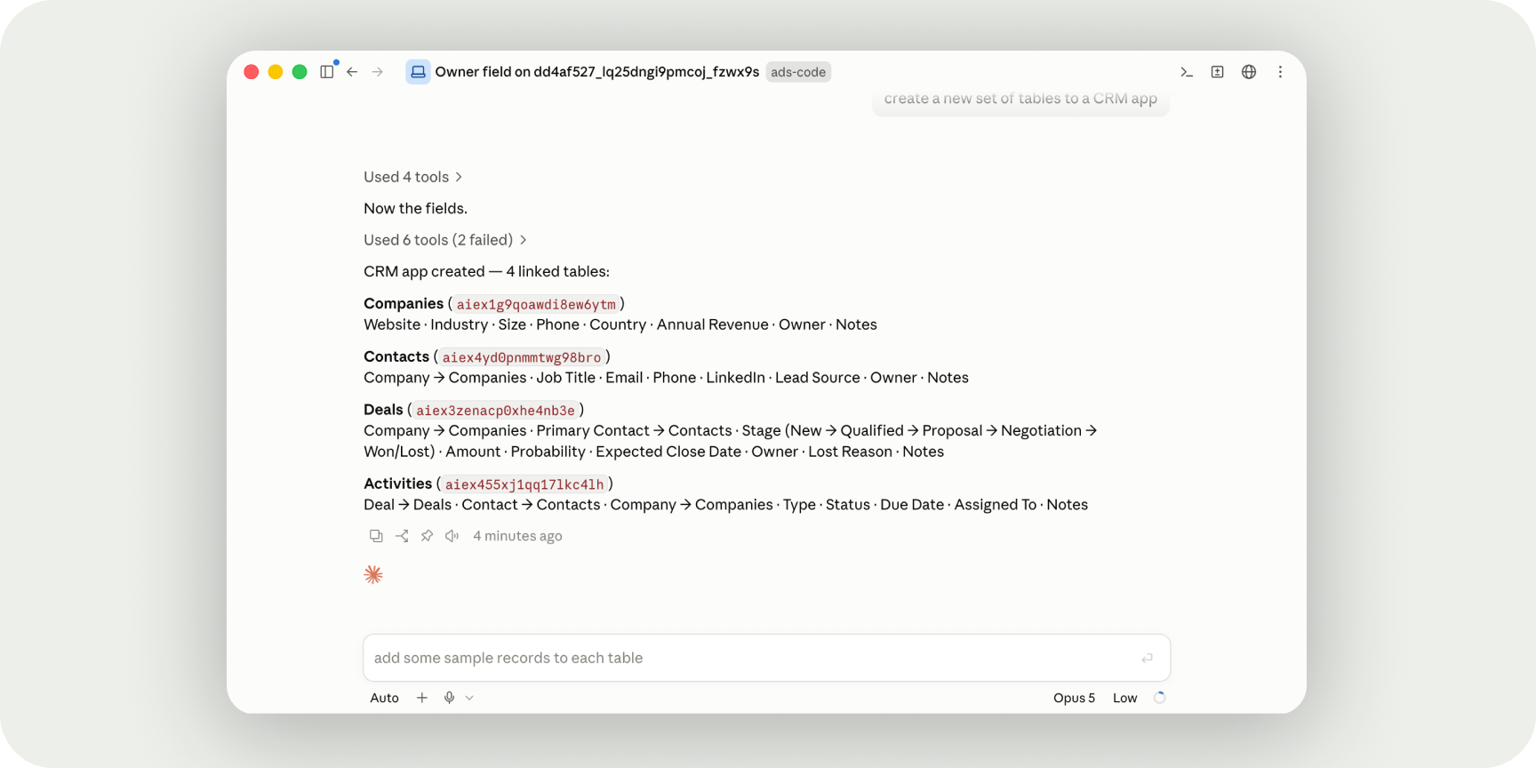MCP in Jestor creating tables for a CRM app