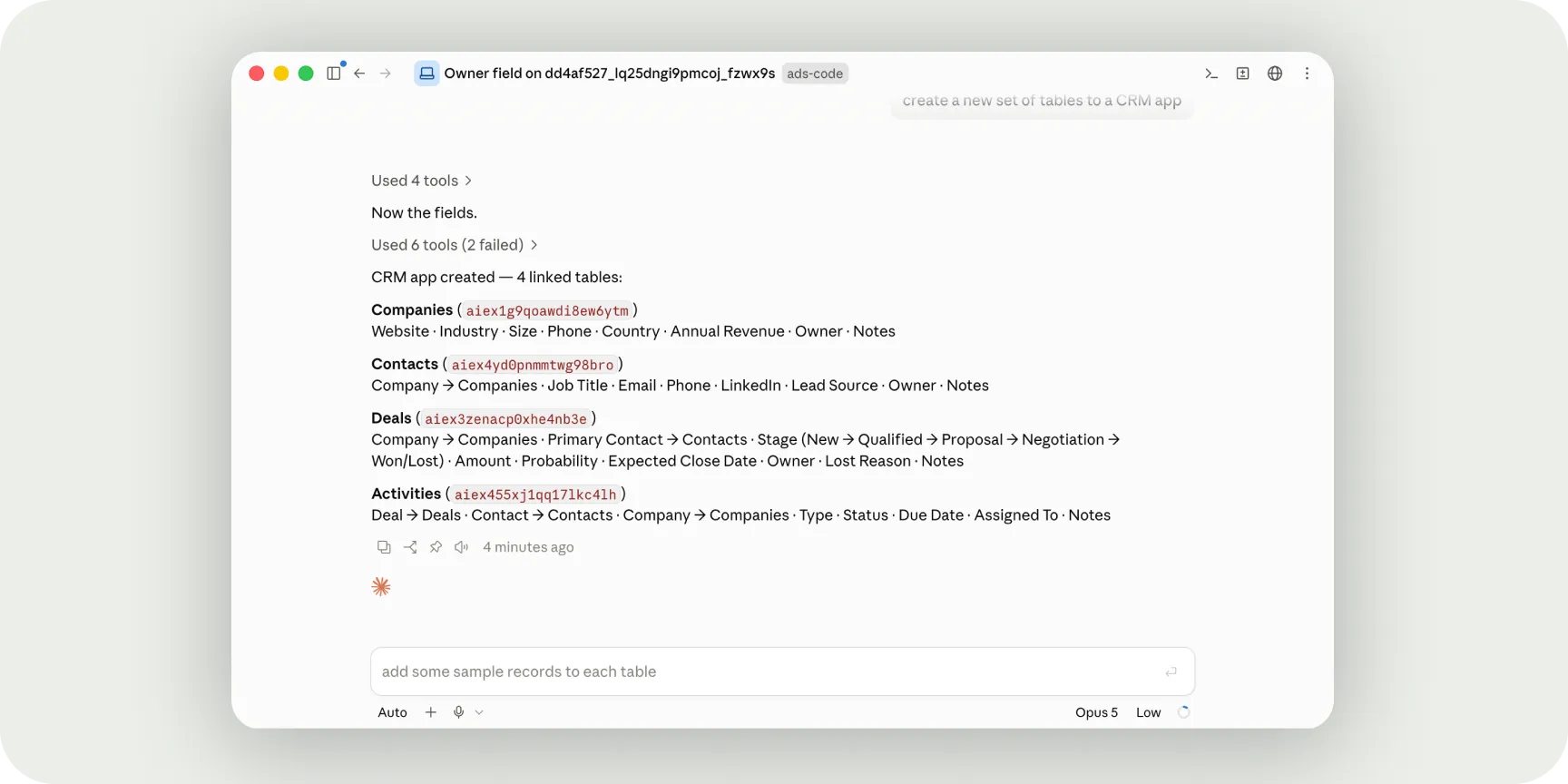 MCP in Jestor creating tables for a CRM app